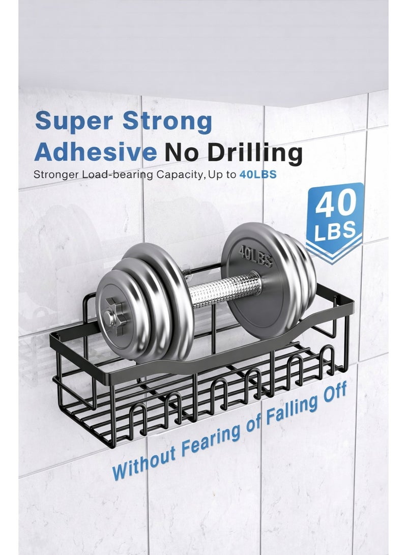 وين هولدر طقم منظم حمام 5 قطع، رف دش لاصق، بدون ثقب، سعة كبيرة، ستانلس ستيل مقاوم للصدأ، مزود بـ 4 خطافات، رفوف لتنظيم الدش من الداخل - لون أسود - Image 4